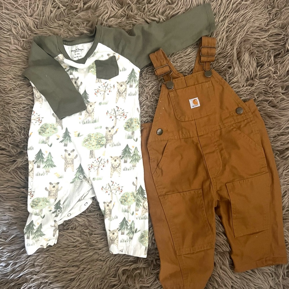 Carhartt Classic Overalls and Burts Bees Forest Print One piece outfit 6m
